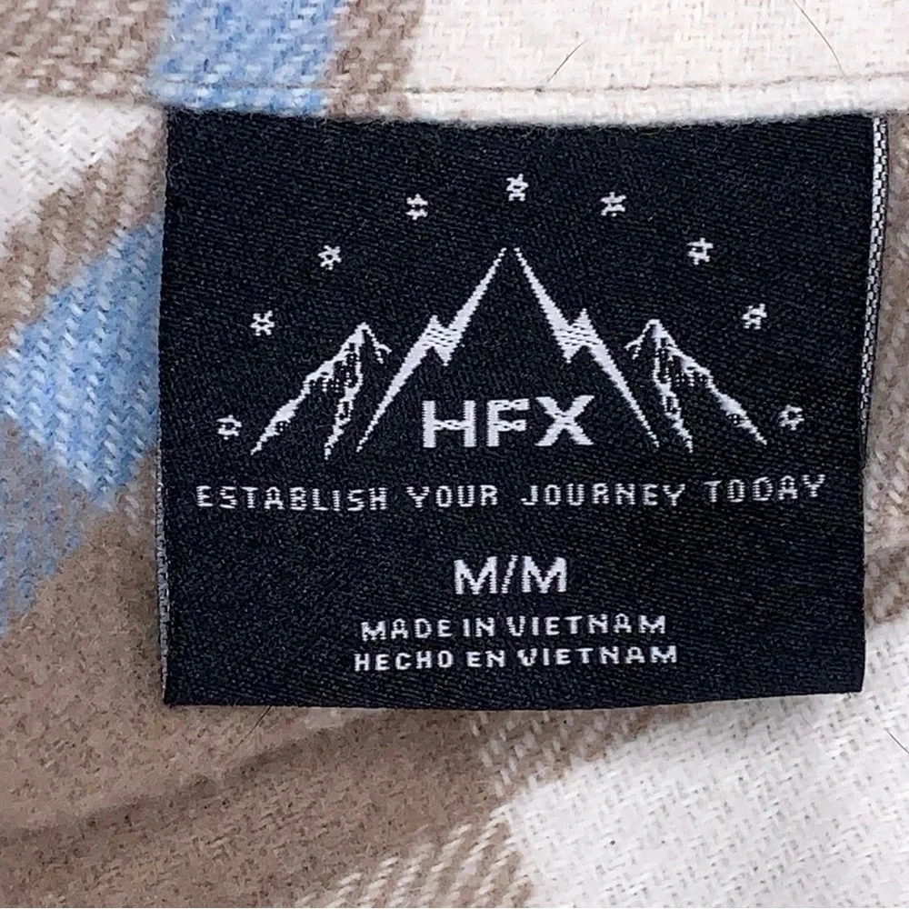 Medium HFX Flannel Shirt Jacket Snap Button Closure Beige Blue Plaid Wool Blend